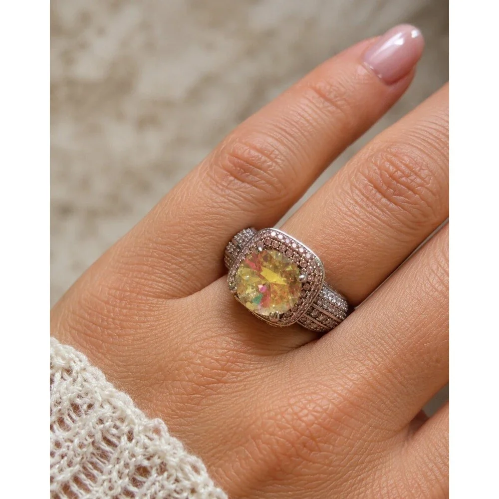 925 Sterling Silver Champagne Cubic Zirconia Halo Ring, Cushion Cut Ring, Size 7